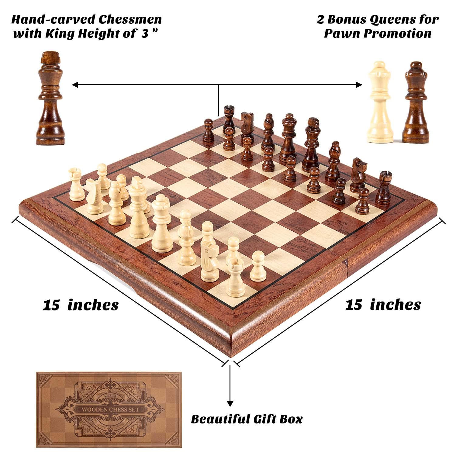 Foto 5 | Juego de Ajedrez Amerous Magnético de Madera 15'' con 2 Reinas Adicionales - Venta Internacional