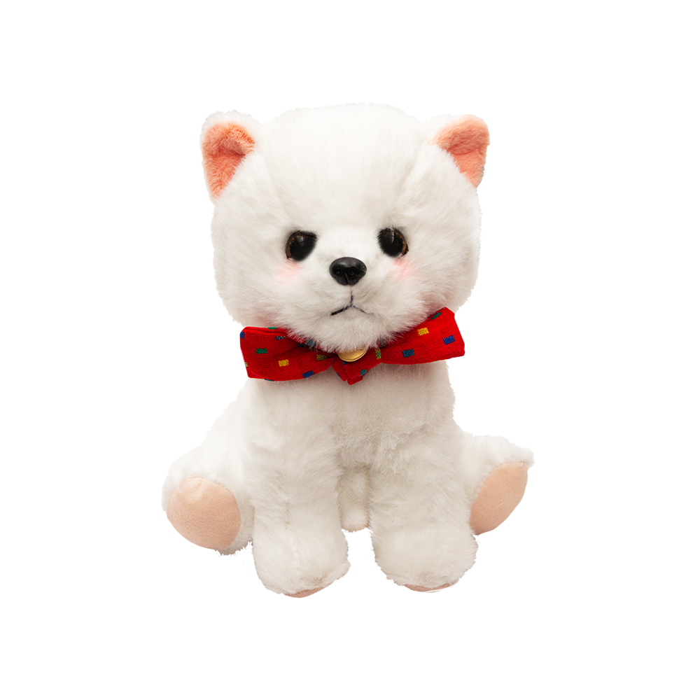 Perrito de Peluche Blanco Sentado con Moño Rojo