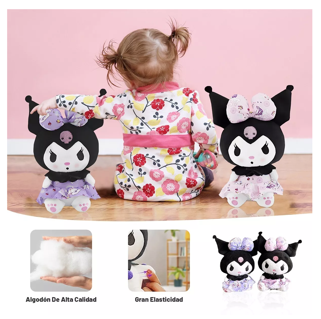 Foto 4 pulgar | Peluche Kuromi Lovely 2 piezas Rosa y Morado con Falda