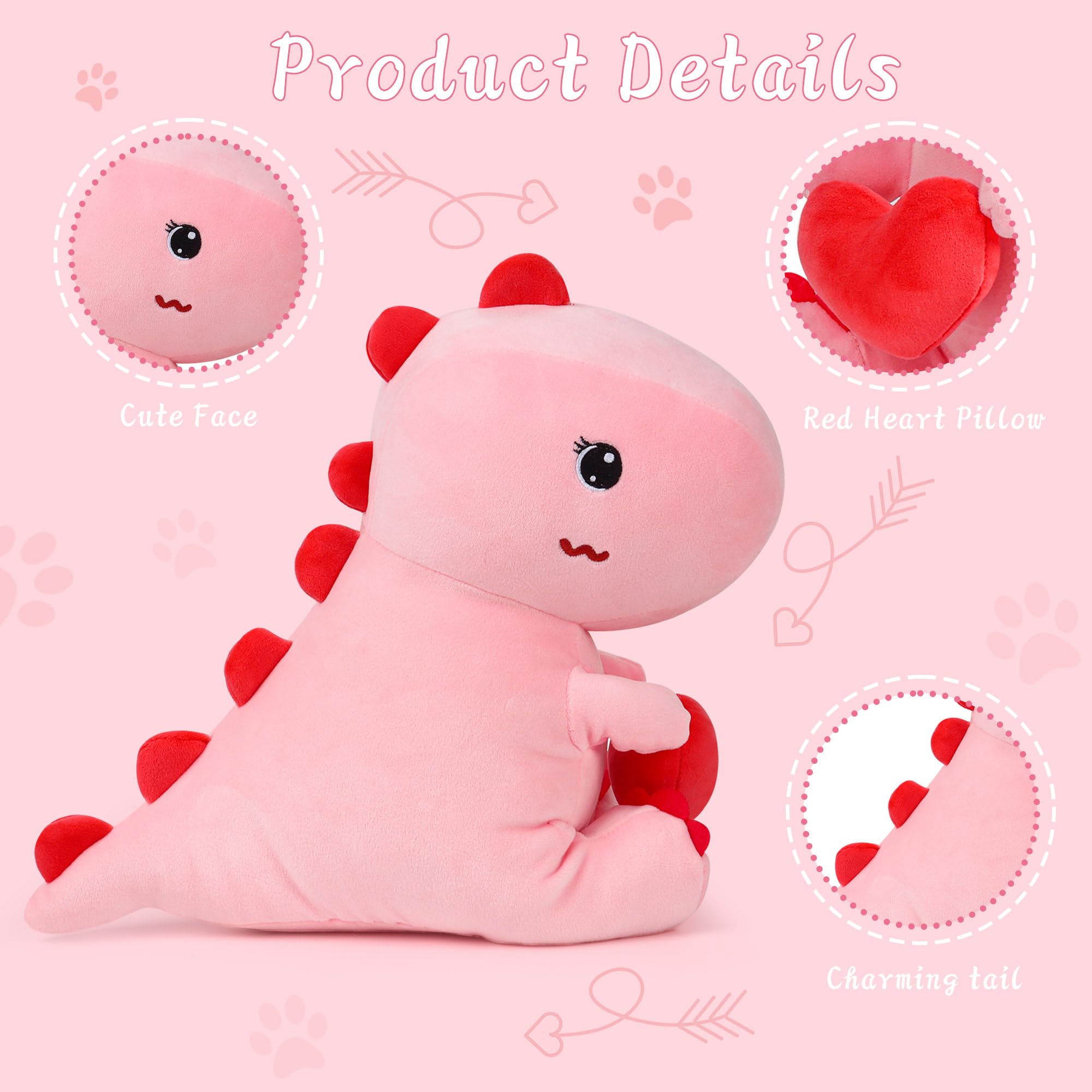 Foto 4 pulgar | Peluche De Dinosaurio De Peluche Rosa De 30 Cm Con Corazón De Amor - Venta Internacional.