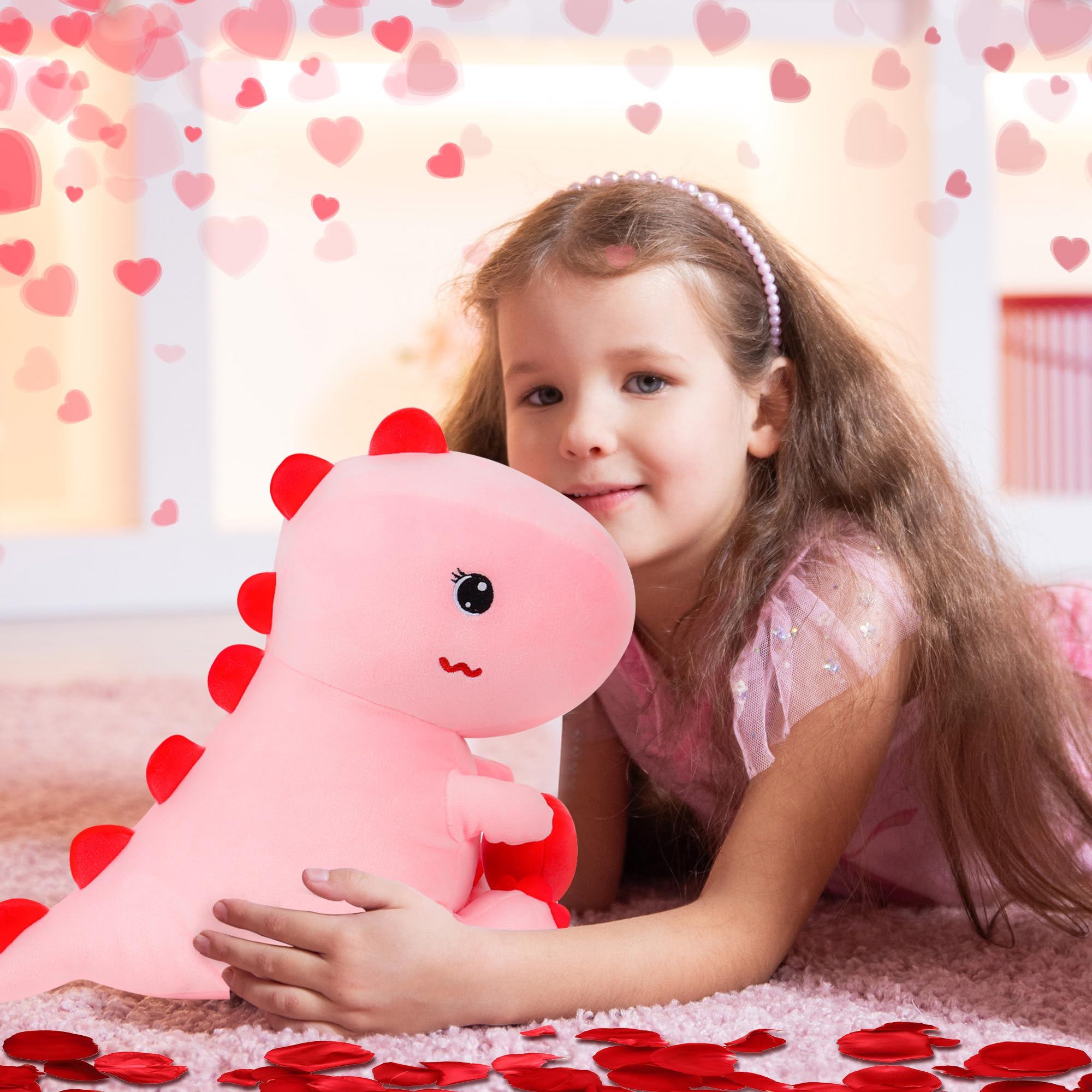 Foto 6 pulgar | Peluche De Dinosaurio De Peluche Rosa De 30 Cm Con Corazón De Amor - Venta Internacional.