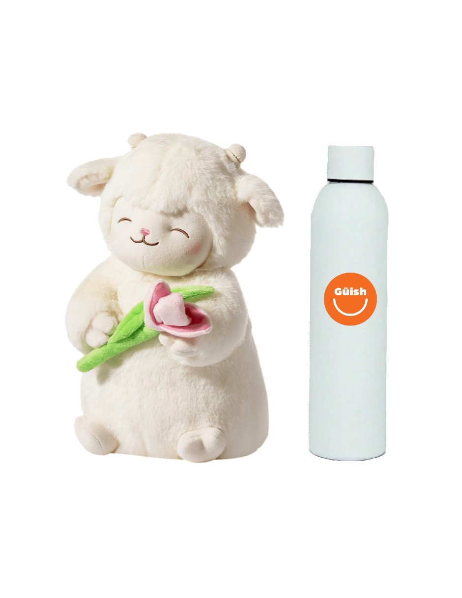 Foto 2 pulgar | Peluche Corderito Con Tulipán + Termo De Agua Güish