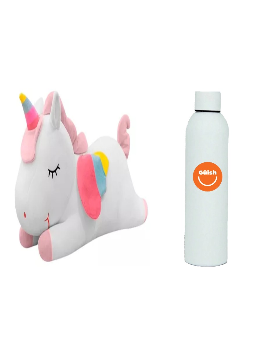 Unicornio De Peluche Acostado + Termo De Agua Güish