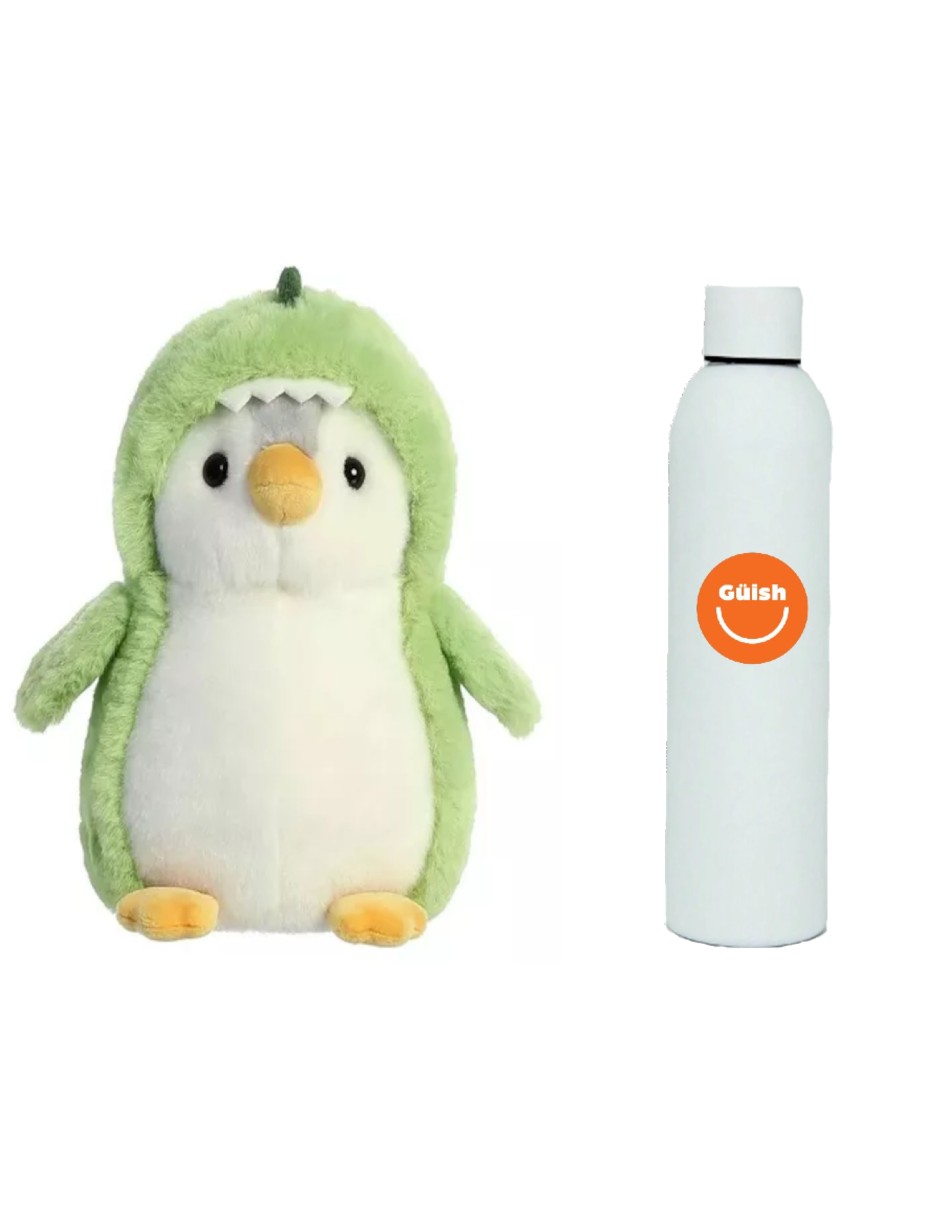Foto 2 pulgar | Peluche Pingüino Disfrazado Dinosaurio + Termo De Agua Güish