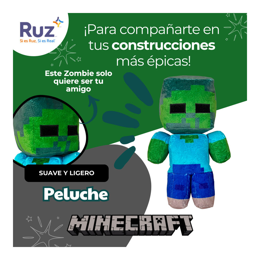 Foto 5 pulgar | Peluche Articulado Ruz Minecraft (zombie 30 Cm Verde)