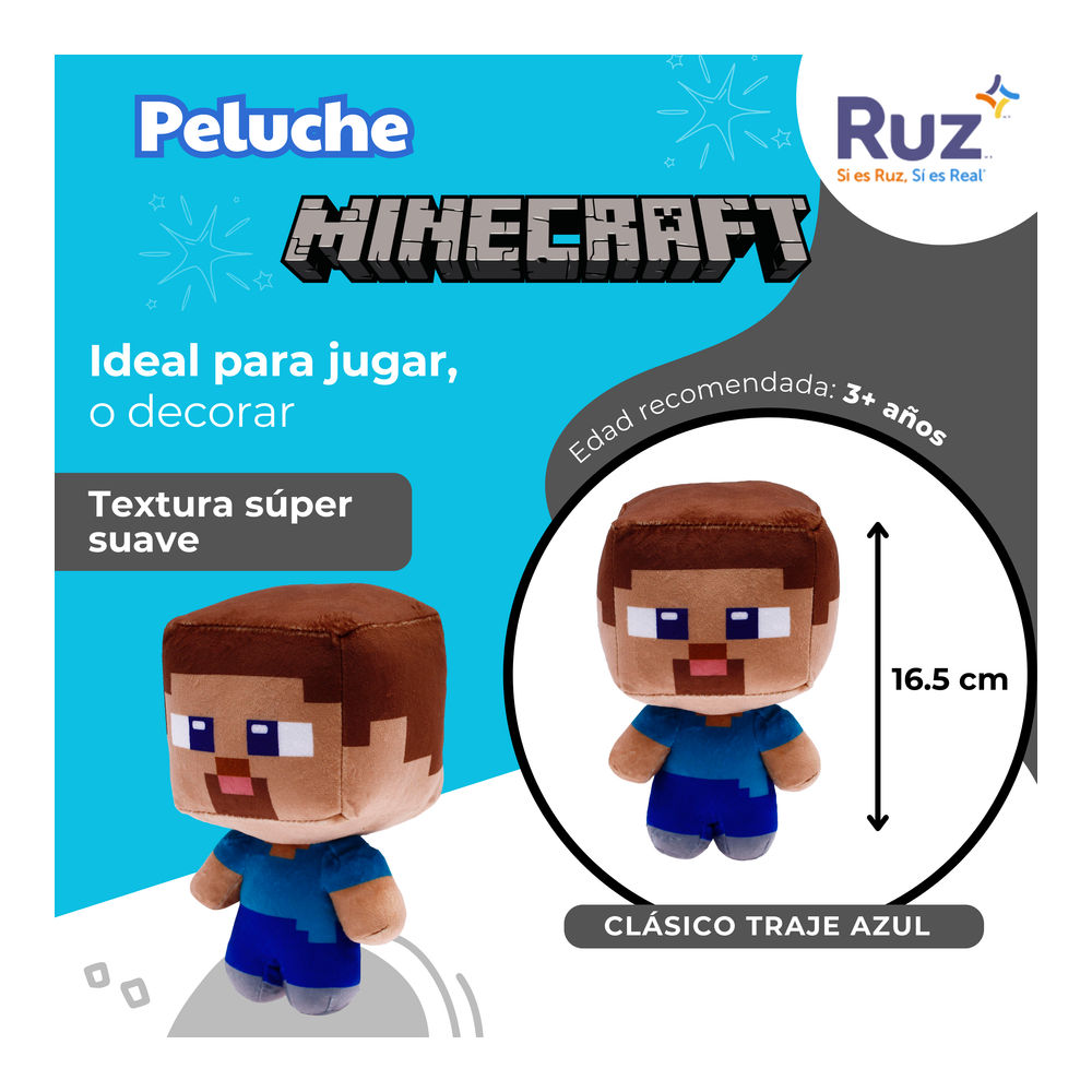 Foto 4 pulgar | Peluche Ruz Minecraft Steve 17 Cm Azul