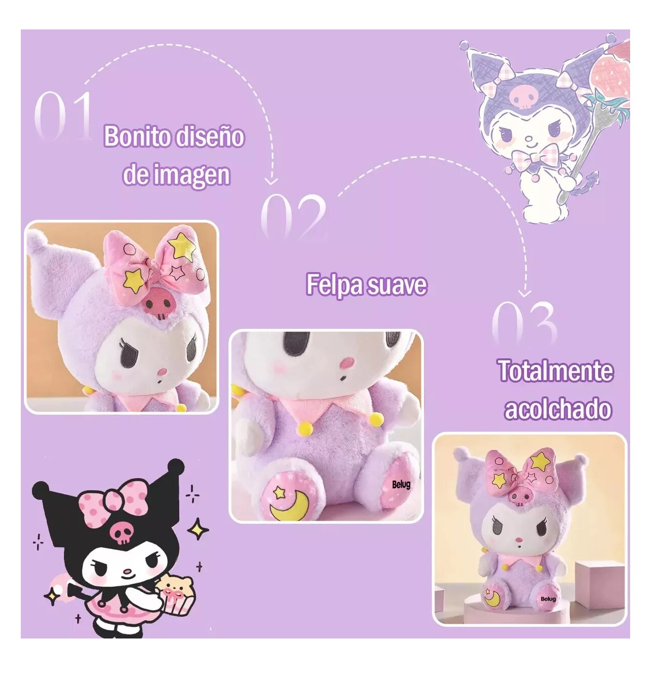 Foto 5 pulgar | Kuromi De My Melody Adorable Muñeco Peluche Excelente Plush 2 Pzs, Belug Morado Pijama Amarilla