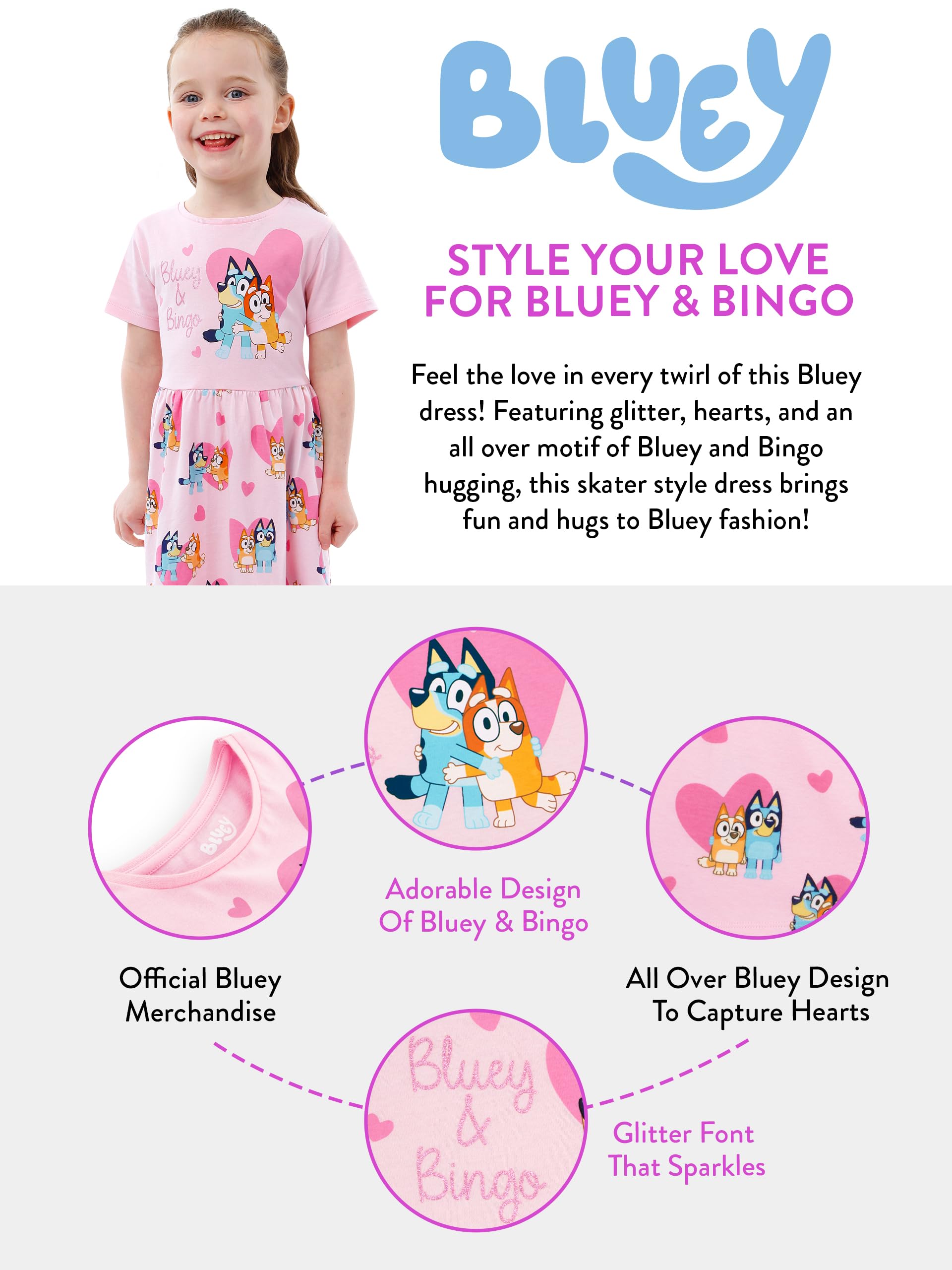 Foto 7 pulgar | Vestido Bluey Bingo Glitter Para Niñas De Algodón Summer Pink 7 - Venta Internacional.