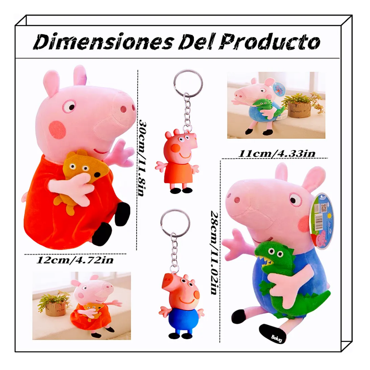 Foto 2 | 2 Peluches Peppa Pig Y George Dinosauro 30cm+2 Llavero 4pz Belug  Colores