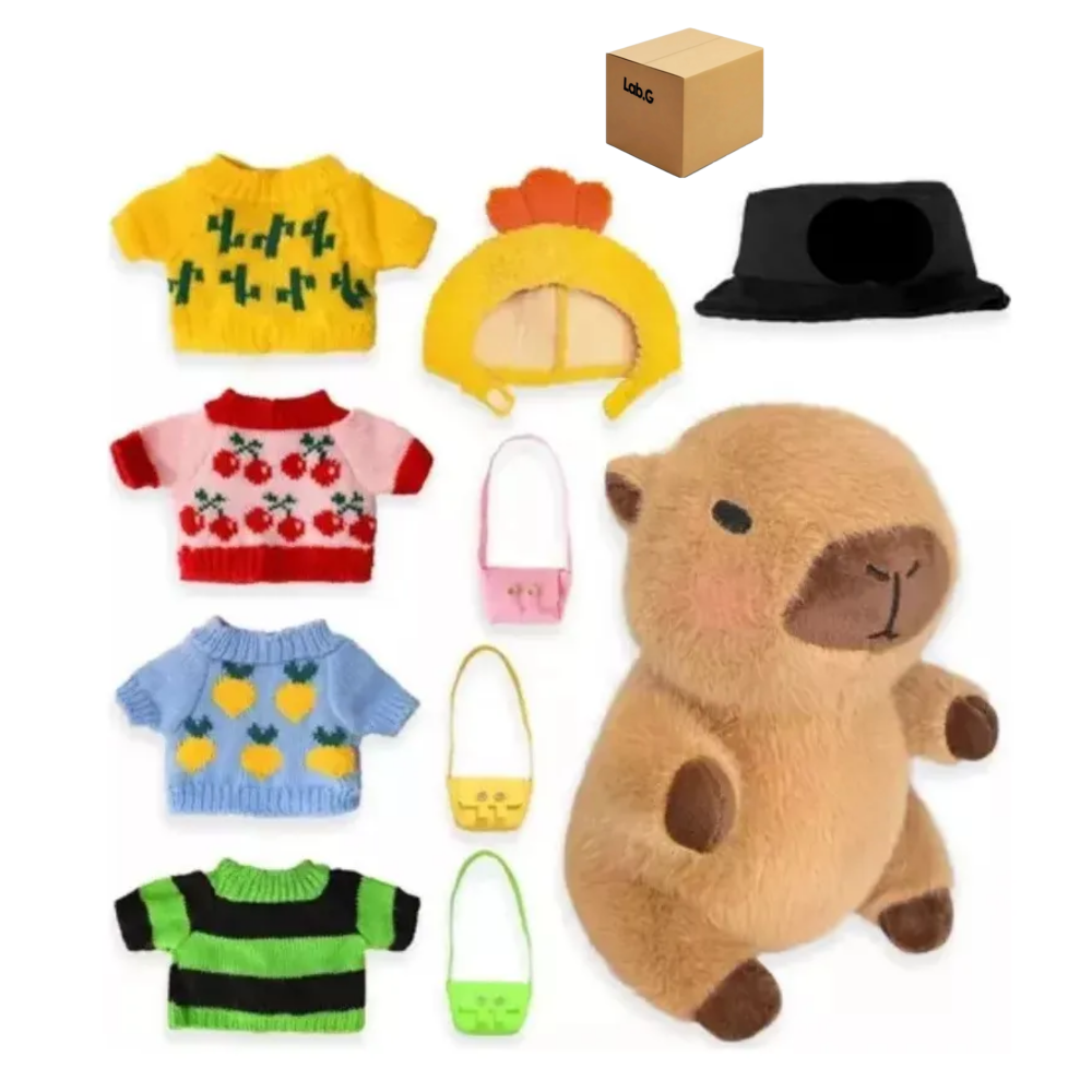 Peluche Capibara Con 9pz Ropa Y Accesorios Lab.g  Colores