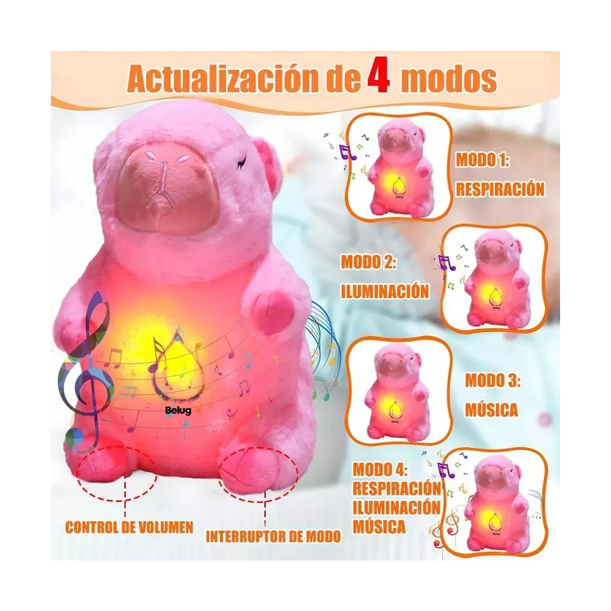 Foto 5 pulgar | Peluche Capibara Belug Ansiedad Dormir Música Rosa