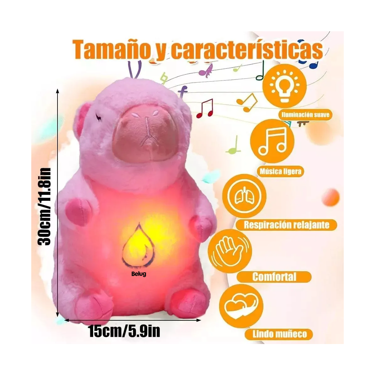 Foto 6 pulgar | Peluche Capibara Belug Ansiedad Dormir Música Rosa