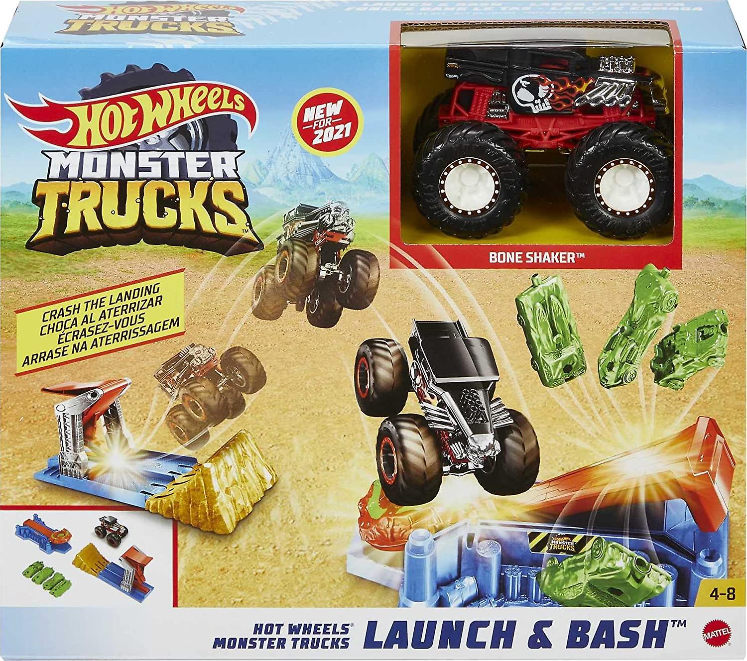 Foto 3 pulgar | Venta Internacional - Set De Juego Hot Wheels Monster Trucks Launch & Bash Con 4 Coches