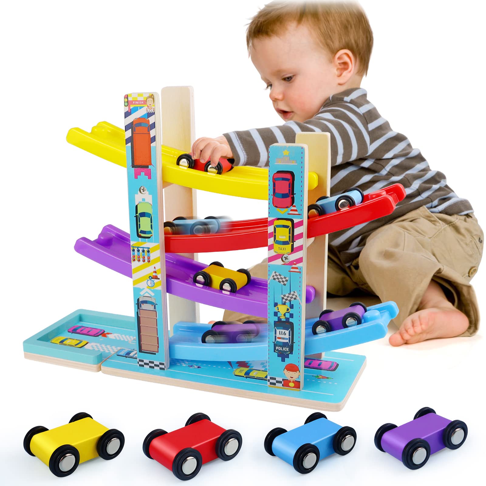 Foto 2 pulgar | Venta Internacional - Pista De Carreras Montessori Toys Heirio Car Ramp Con 4 Coches De 2 A 3 Años