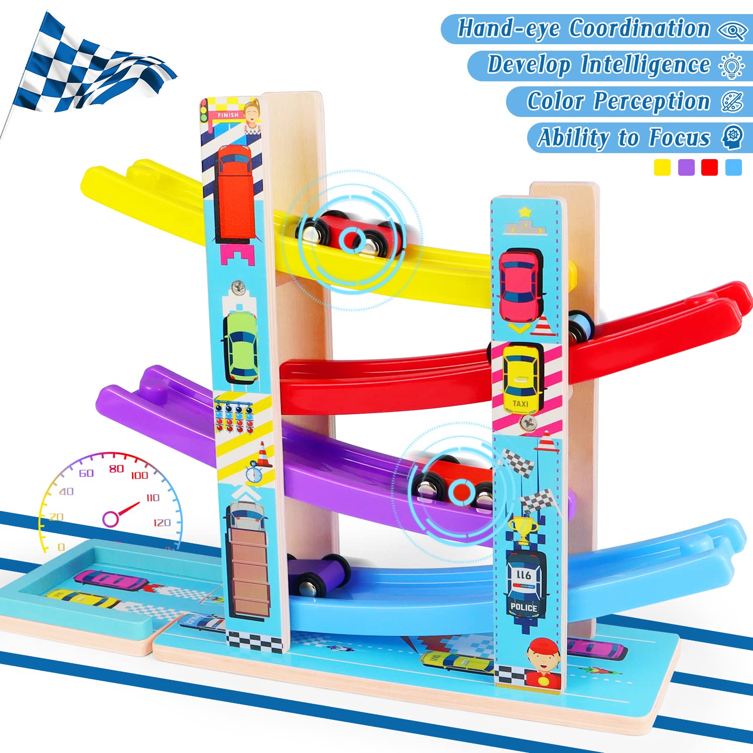 Foto 3 pulgar | Venta Internacional - Pista De Carreras Montessori Toys Heirio Car Ramp Con 4 Coches De 2 A 3 Años