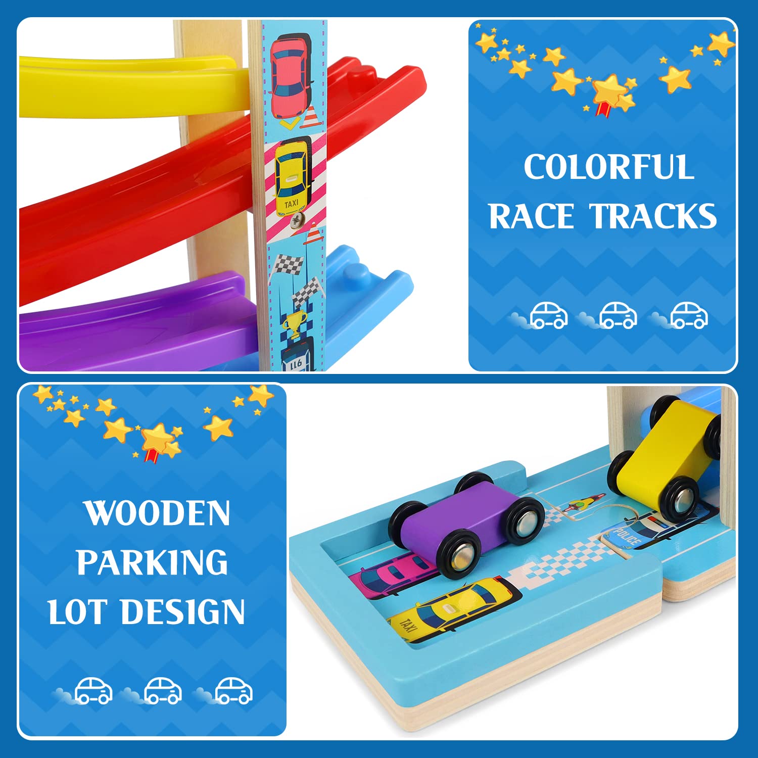 Foto 5 pulgar | Venta Internacional - Pista De Carreras Montessori Toys Heirio Car Ramp Con 4 Coches De 2 A 3 Años