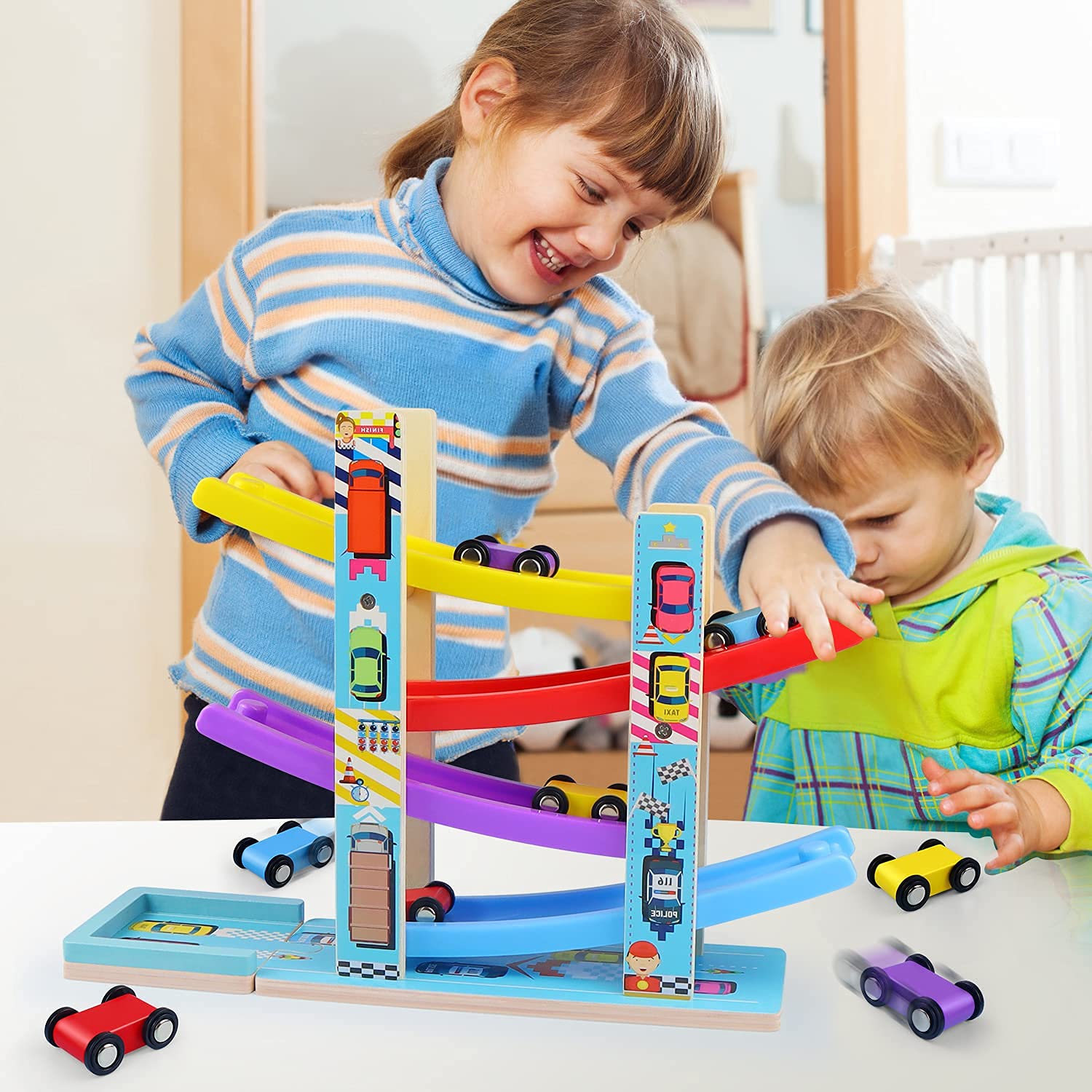 Foto 7 pulgar | Venta Internacional - Pista De Carreras Montessori Toys Heirio Car Ramp Con 4 Coches De 2 A 3 Años