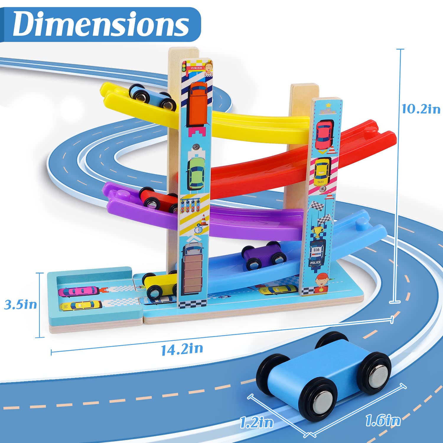 Foto 8 pulgar | Venta Internacional - Pista De Carreras Montessori Toys Heirio Car Ramp Con 4 Coches De 2 A 3 Años