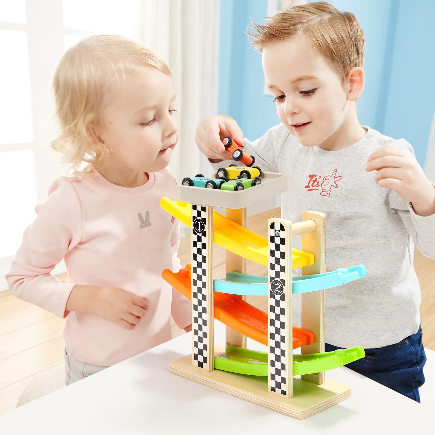 Foto 5 pulgar | Pista de Carreras de Madera para Niños con Rampa y 4 Minicoches - Juguetes Top Bright