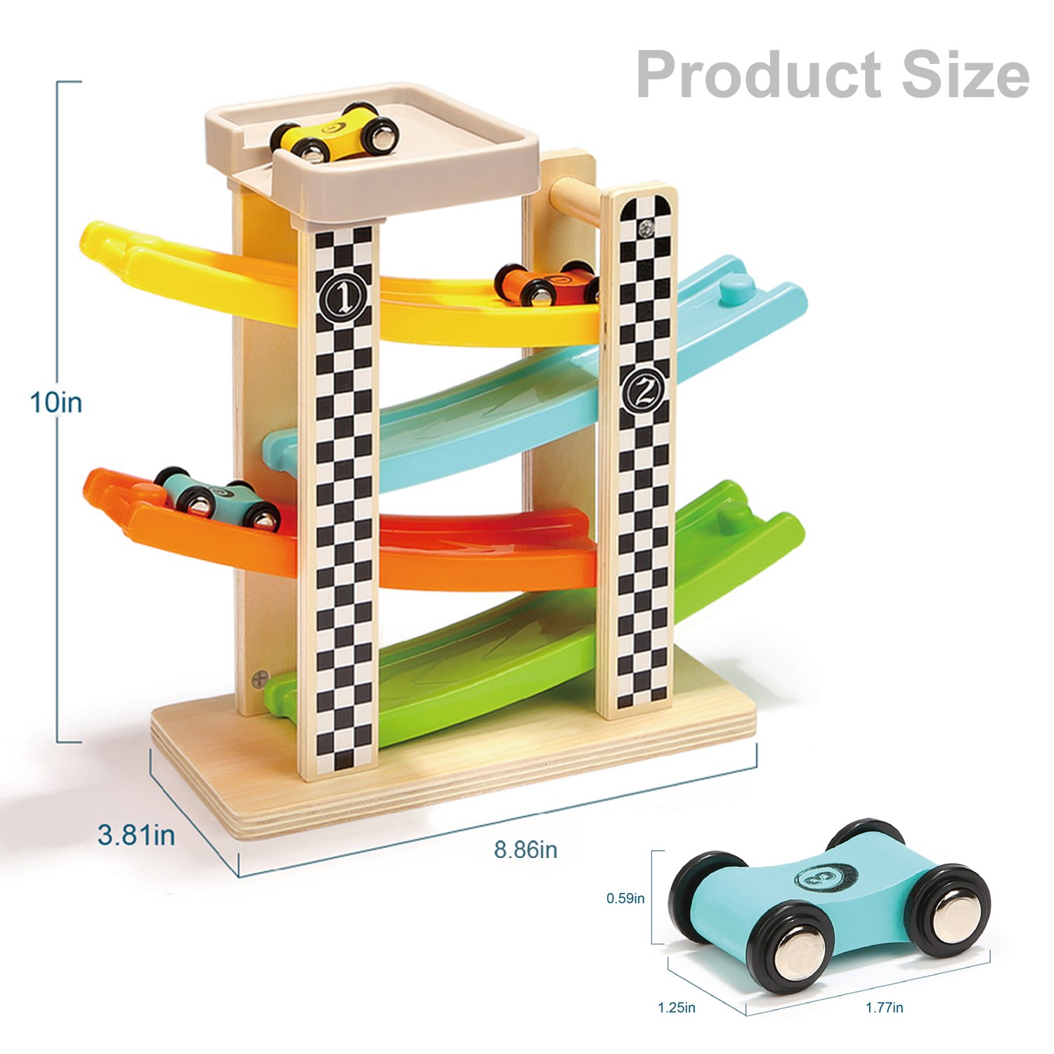 Foto 7 pulgar | Pista de Carreras de Madera para Niños con Rampa y 4 Minicoches - Juguetes Top Bright