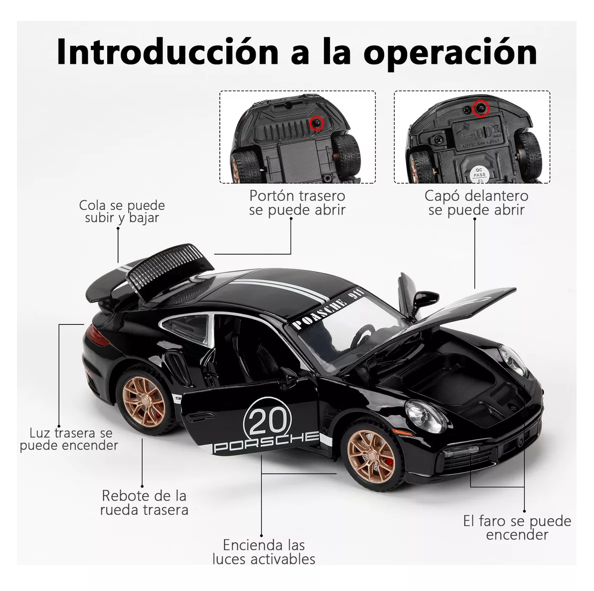 Foto 2 | Coche De Juguete Porsche 911 Con Luz 1:32 Coleccion De Escala Negro