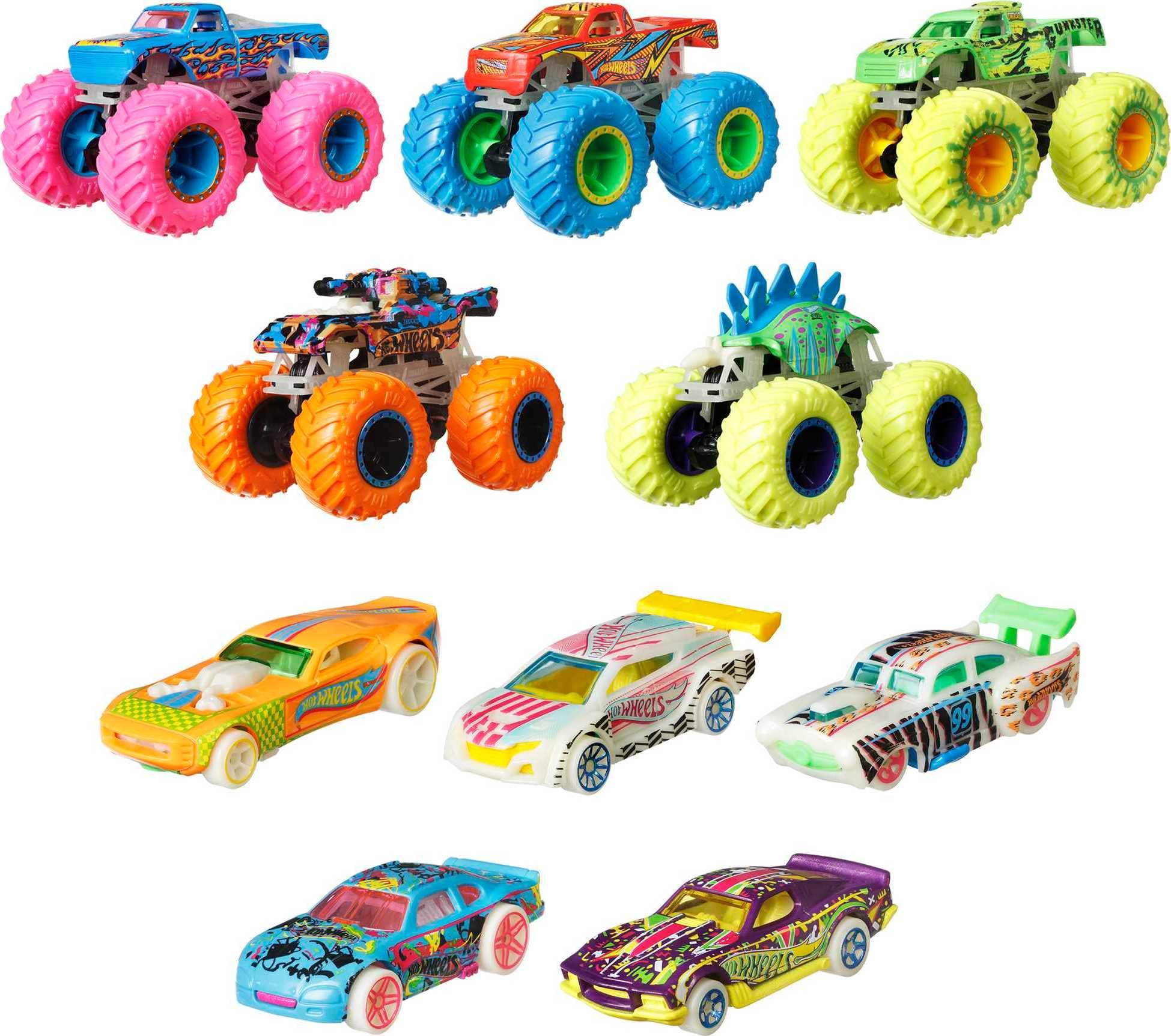 Hot Wheels De Toy Monster Trucks, Paquete De 10 Unidades, 5 Unidades Que Brillan En La Oscuridad - Venta Internacional.