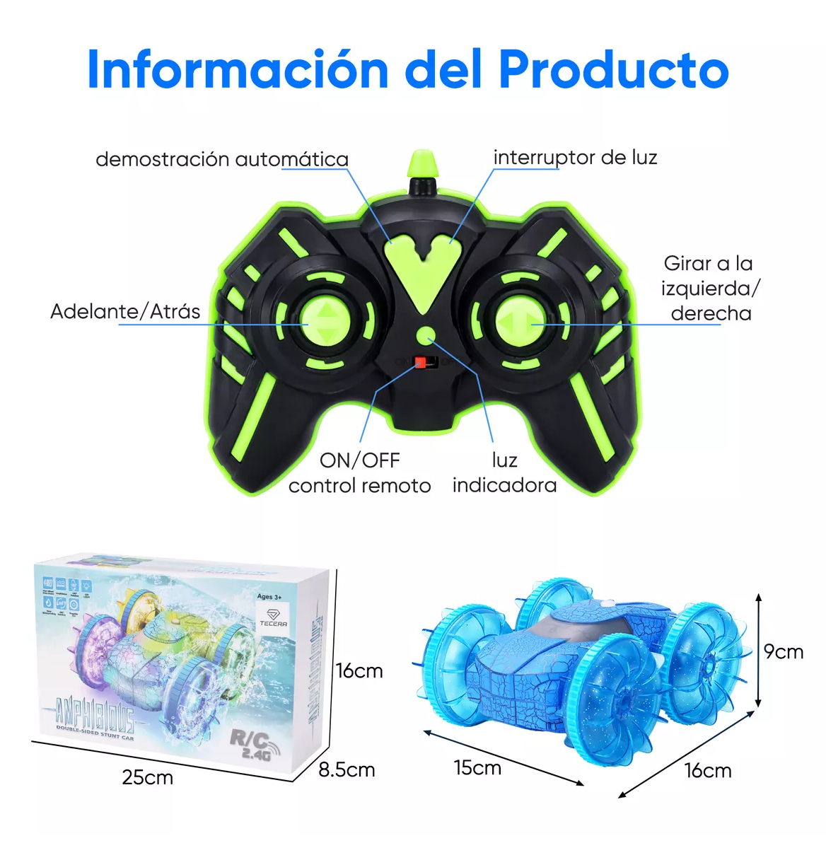 Foto 6 pulgar | Carro  de Control Remoto con Luz LED y Rotación de 360 Azul
