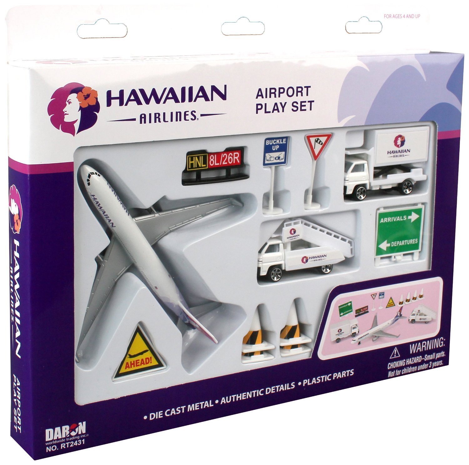 Set Airport Playset Daron Hawaiian Airlines De Metal Fundido A Presión, Color Blanco - Venta Internacional.