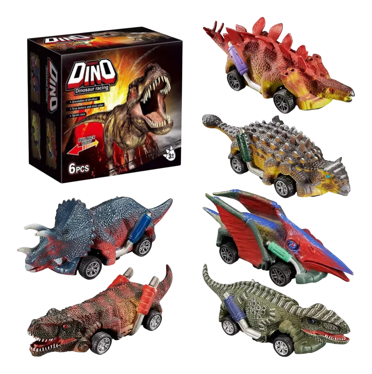 Juguetes De Dinosaurio Carritos Coches Pull-back Tracción 6 Pzs, Cafe