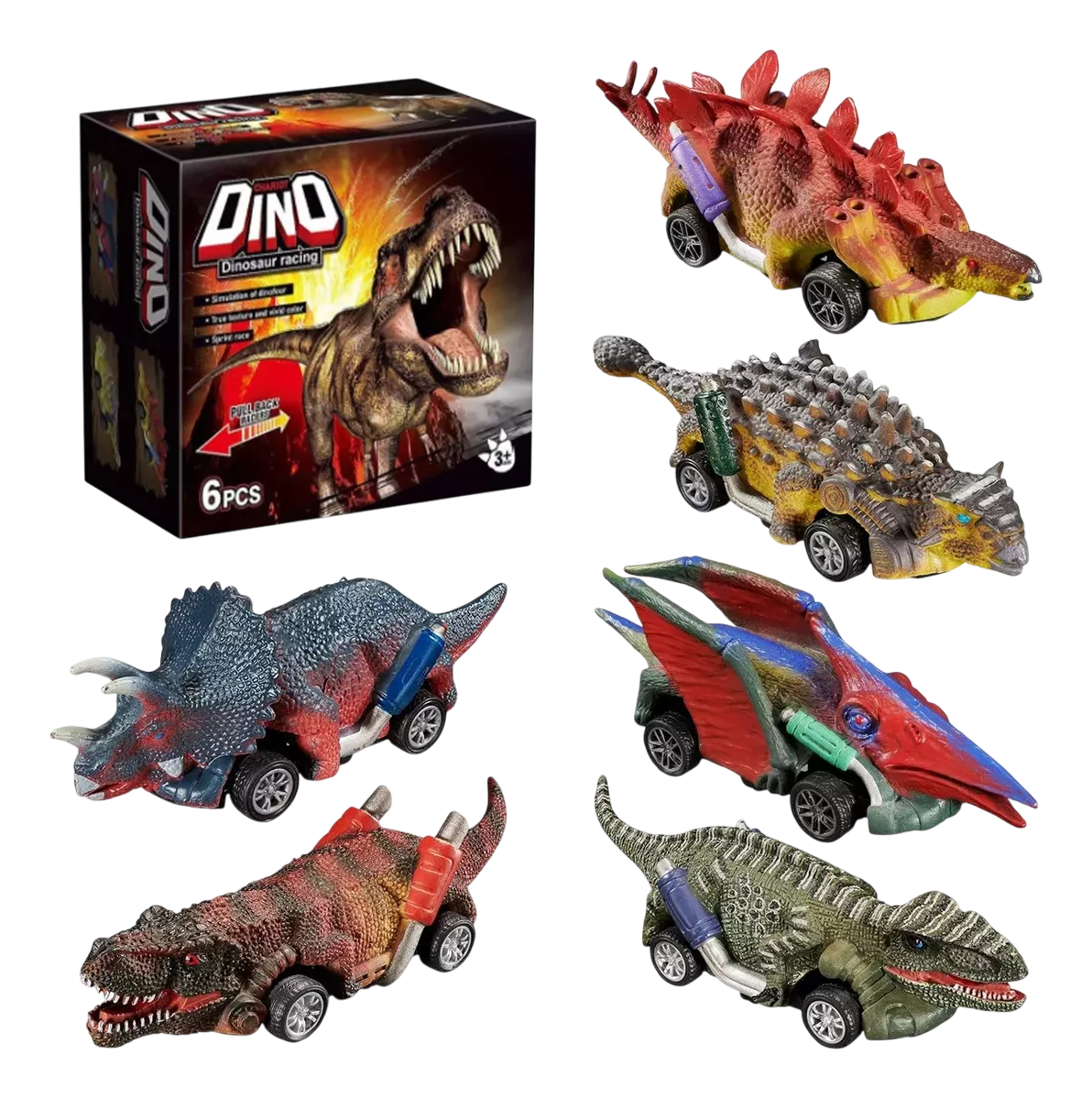 Foto 2 pulgar | Juguetes De Dinosaurio Carritos Coches Pull-back Tracción 6 Pzs, Cafe