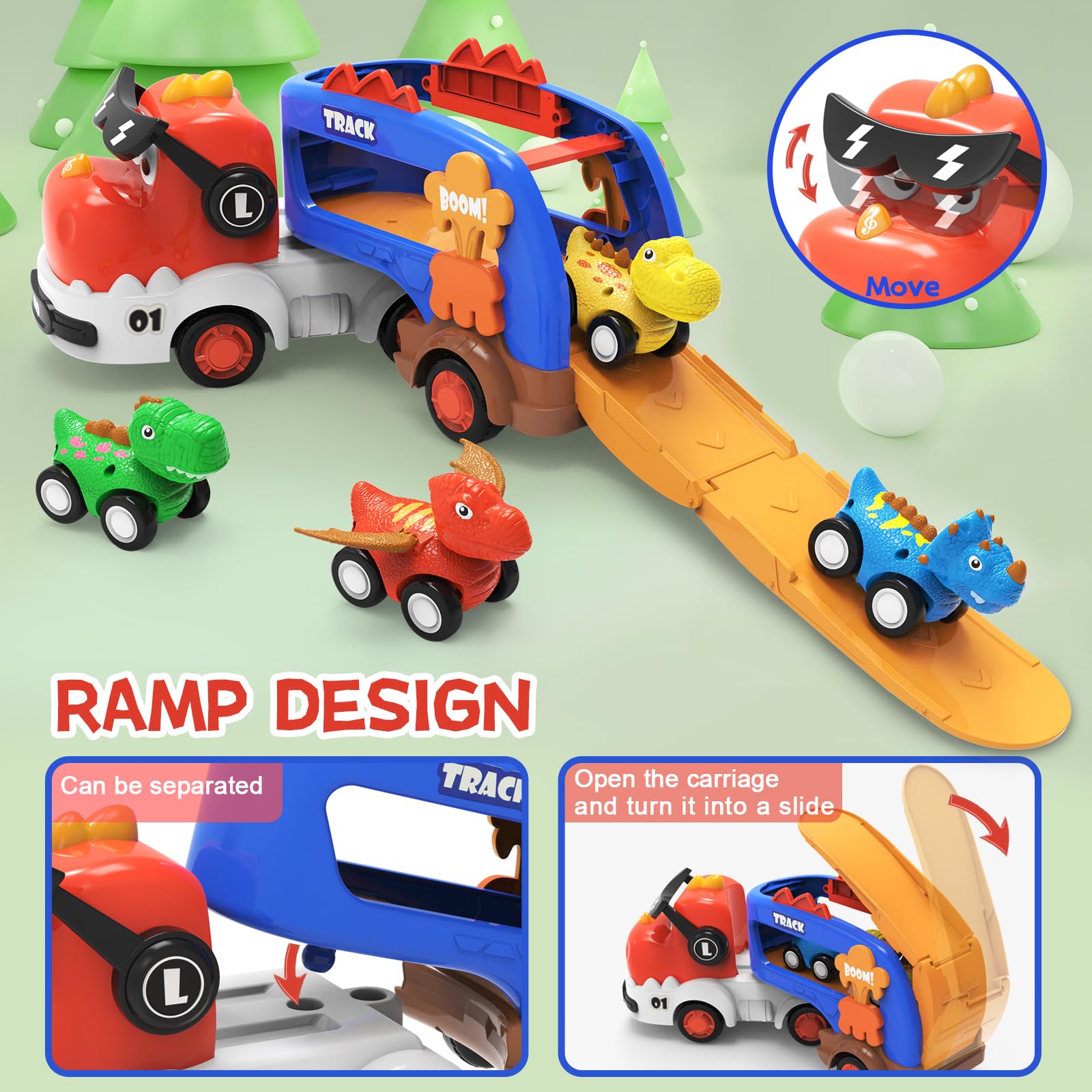 Foto 5 pulgar | Auto Toy Seveclotree Dinosaur Truck Con 4 Coches De Dinosaurio Para Niños De 2 A 7 Años - Venta Internacional.