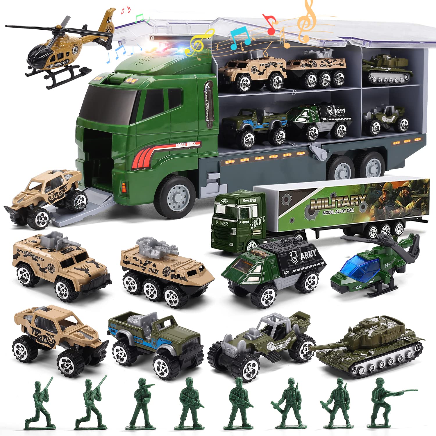 Foto 1 | Set De Camiones De Juguete Cute Stone 28 En 1 Con Sonido Y Luz Con 16 Hombres Del Ejército - Venta Internacional.
