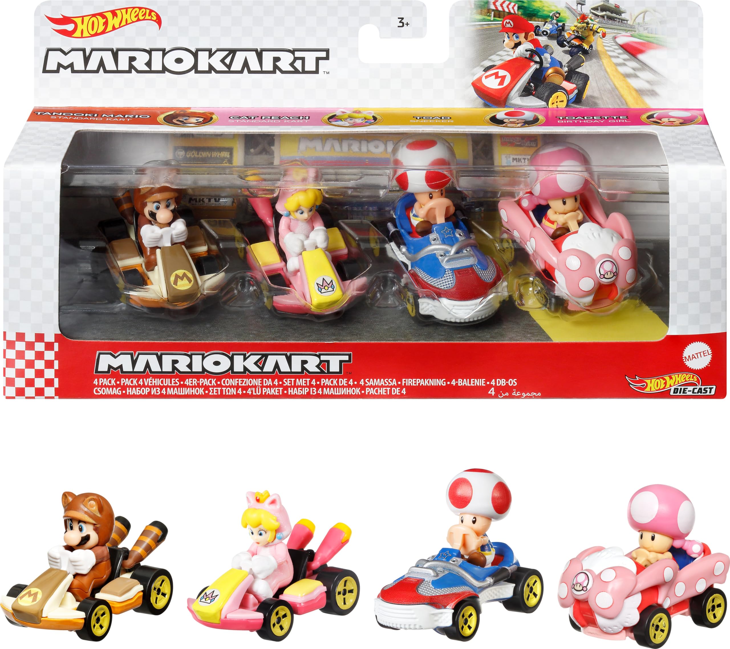 Mario Kart De Toy Hot Wheels, Paquete De 4 Unidades Con Tanooki Mario, Cat Peach - Venta Internacional.