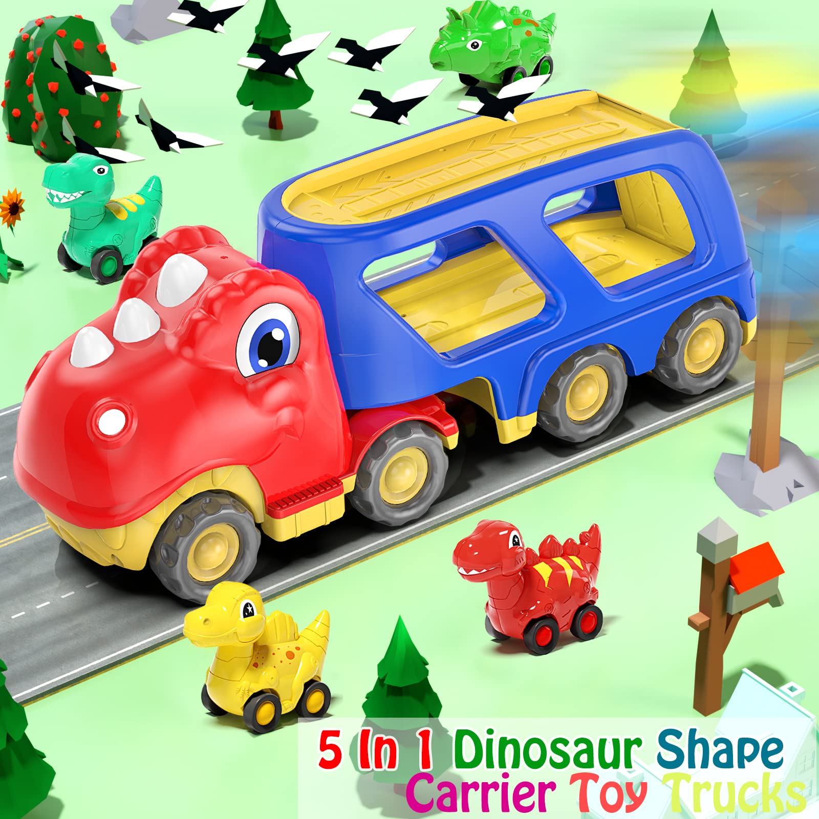 Foto 3 pulgar | Camión De Transporte De Coches De Juguete Veslier Dinosaur Con 4 Coches Retráctiles - Venta Internacional.
