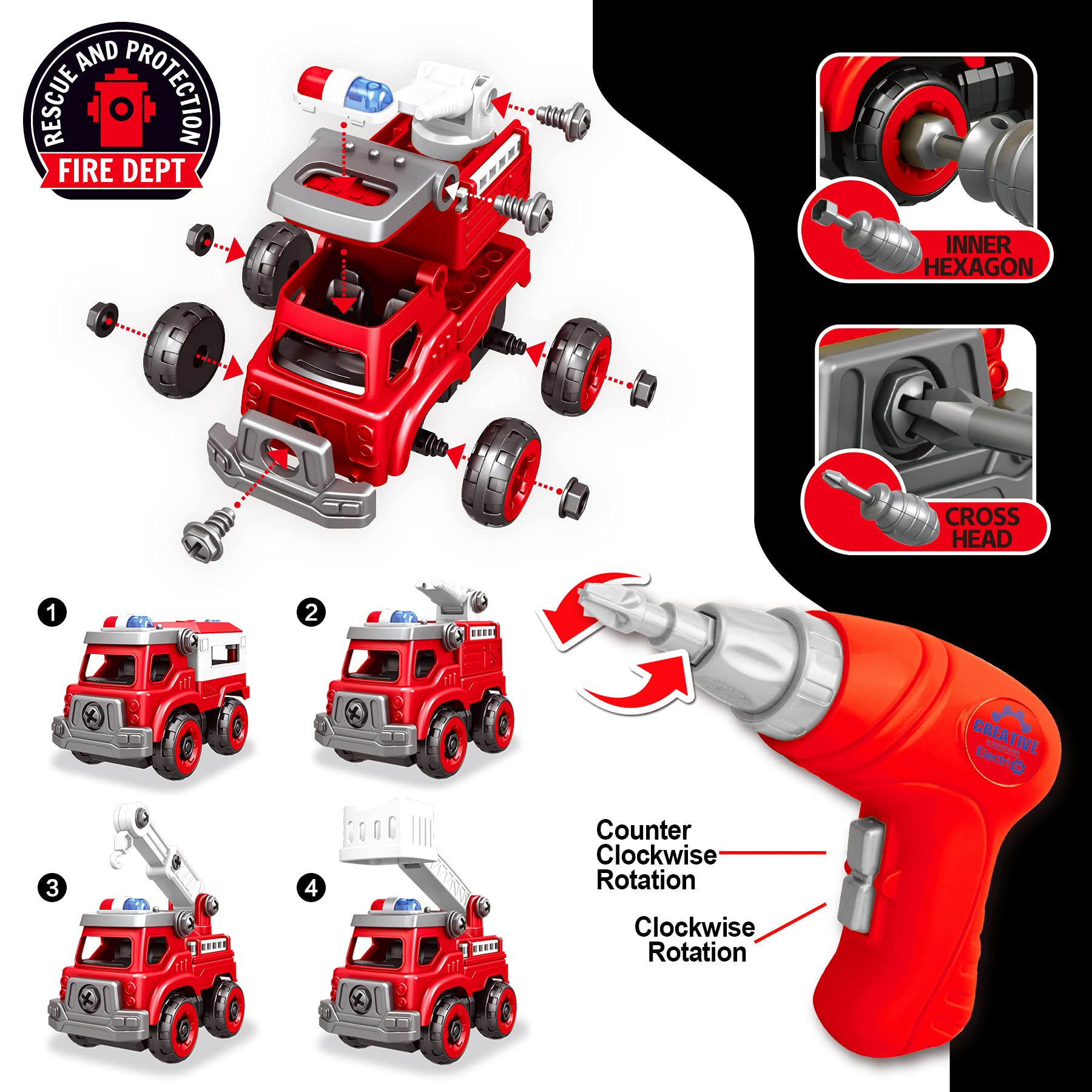 Foto 3 pulgar | Camión de Juguete Take Apart Toys 4 en 1 con Taladro Eléctrico para Niños - Venta Internacional