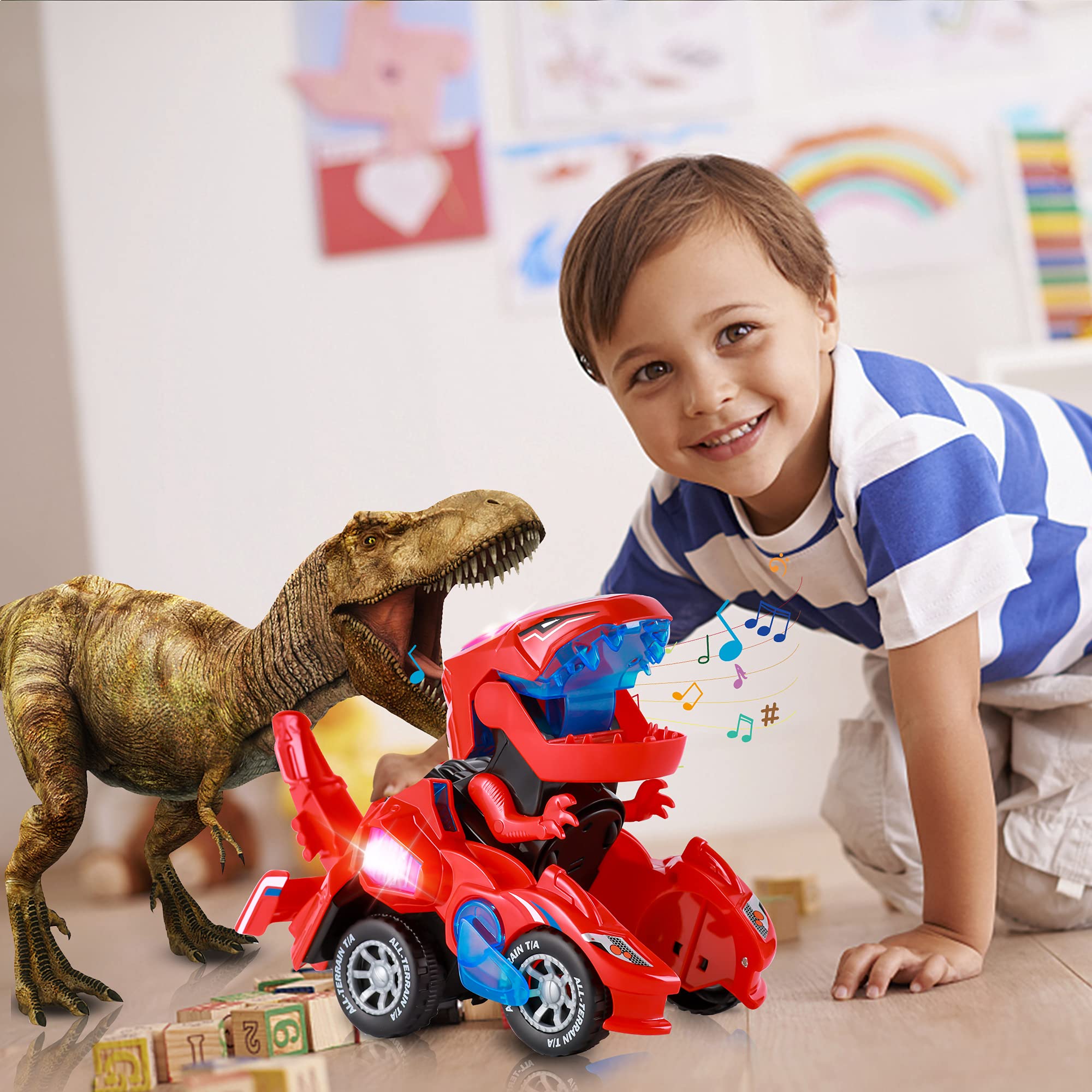 Foto 5 pulgar | Coche Dinosaurio Transformable con Luces LED y Sonido para Niños - Venta Internacional