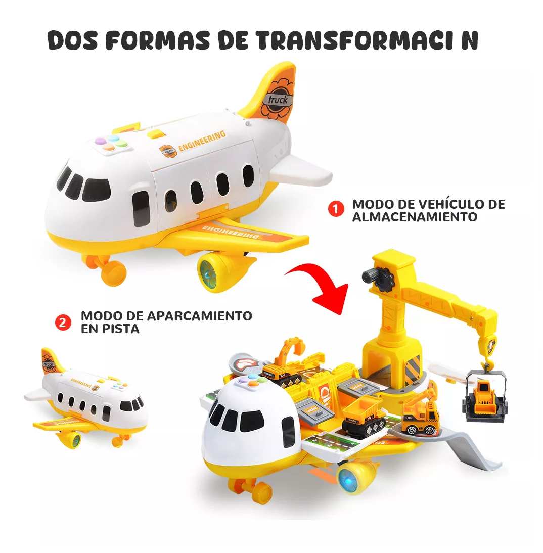 Foto 3 pulgar | Grua De Juguete Avión Transformer 3 En 1 Con Luz Y Música Blanco Amarillo