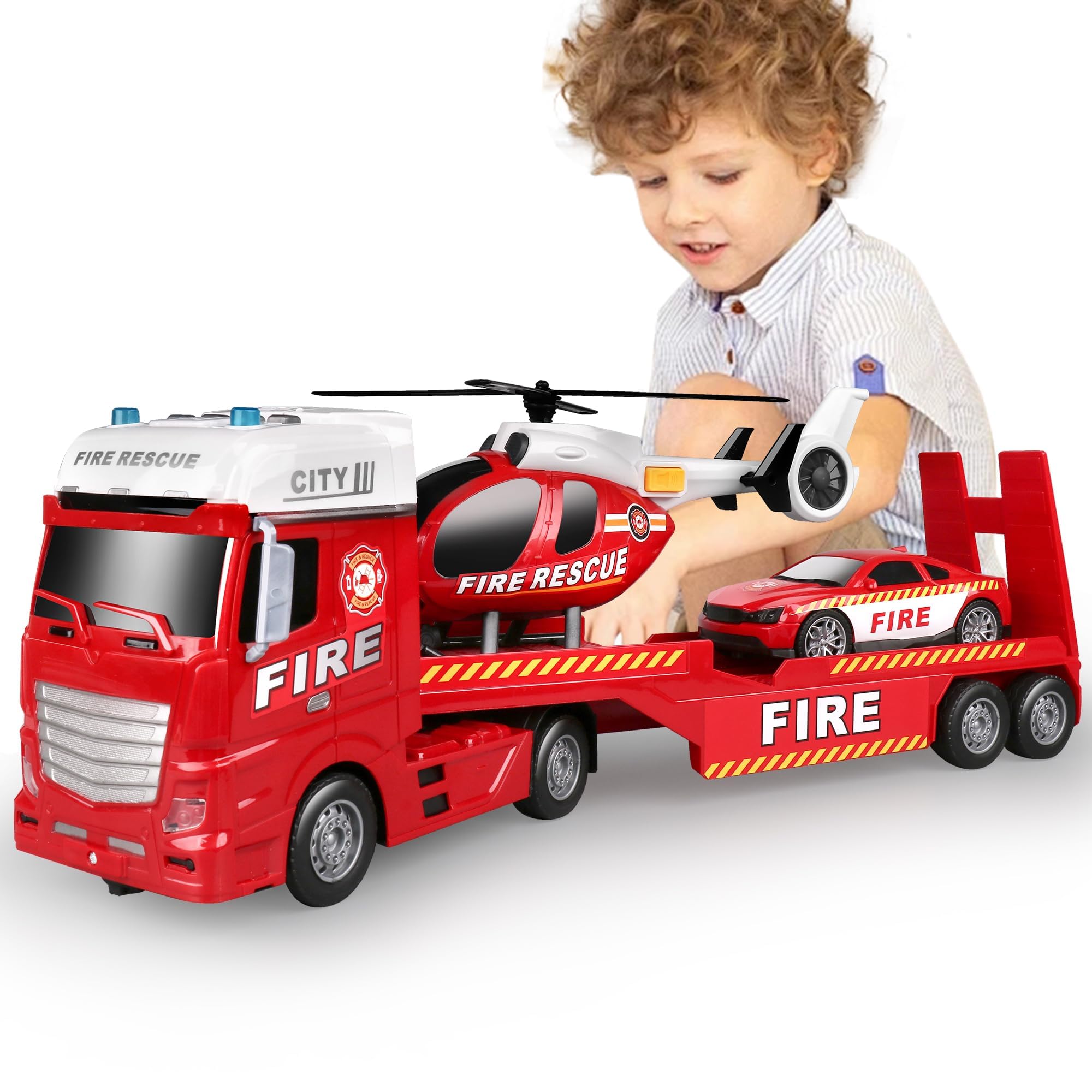 Foto 1 | Semirremolque De Juguete Dwi Dowellin De 25,6 Cm Con Coche De Carreras Y Helicóptero - Venta Internacional.
