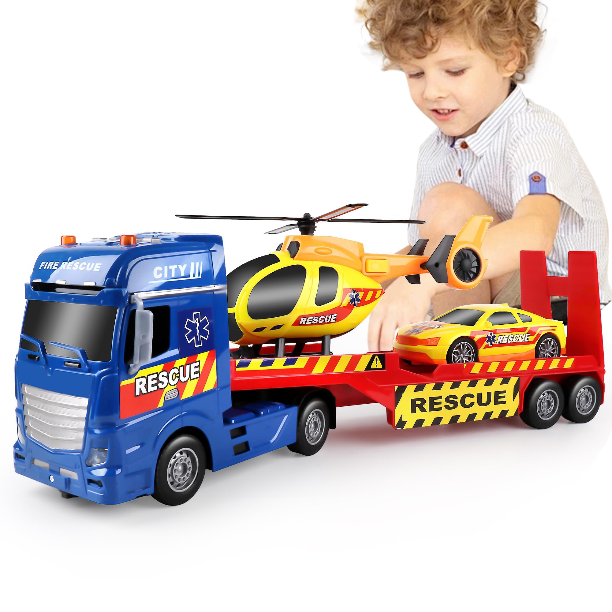Foto 2 pulgar | Camión De Remolque De Juguete Dwi Dowellin De 25,6 Cm Con Coche De Carreras Y Helicóptero - Venta Internacional.