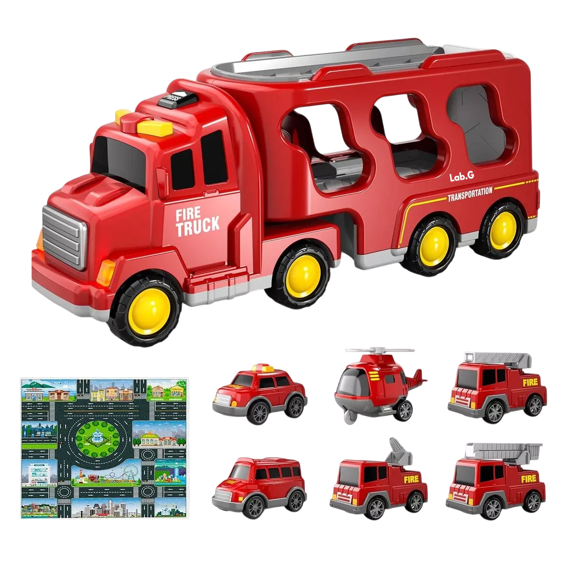 Vehículo De Juguete Lab.g De Bomberos 7 En 1 Con Juego De Mapas Rojo
