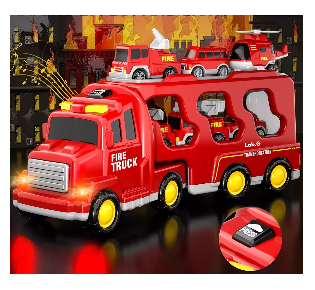 Foto 5 pulgar | Vehículo De Juguete Lab.g De Bomberos 7 En 1 Con Juego De Mapas Rojo