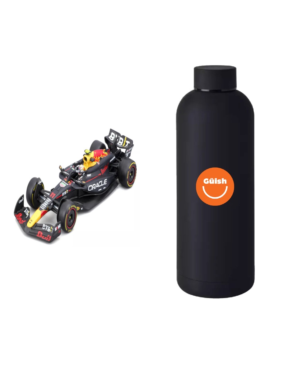 Foto 2 pulgar | Auto Bburago F1 Red Bull Checo Pérez #11 + Termo De Regalo Güish