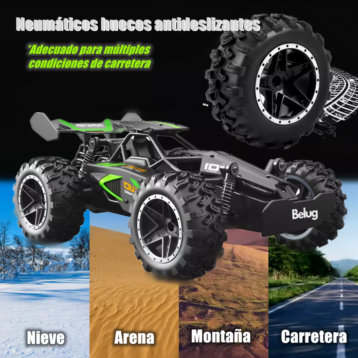 Foto 4 pulgar | Carro De Control Remoto De Alta Velocidad Impermeable 1/18, Belug  Negro/verde