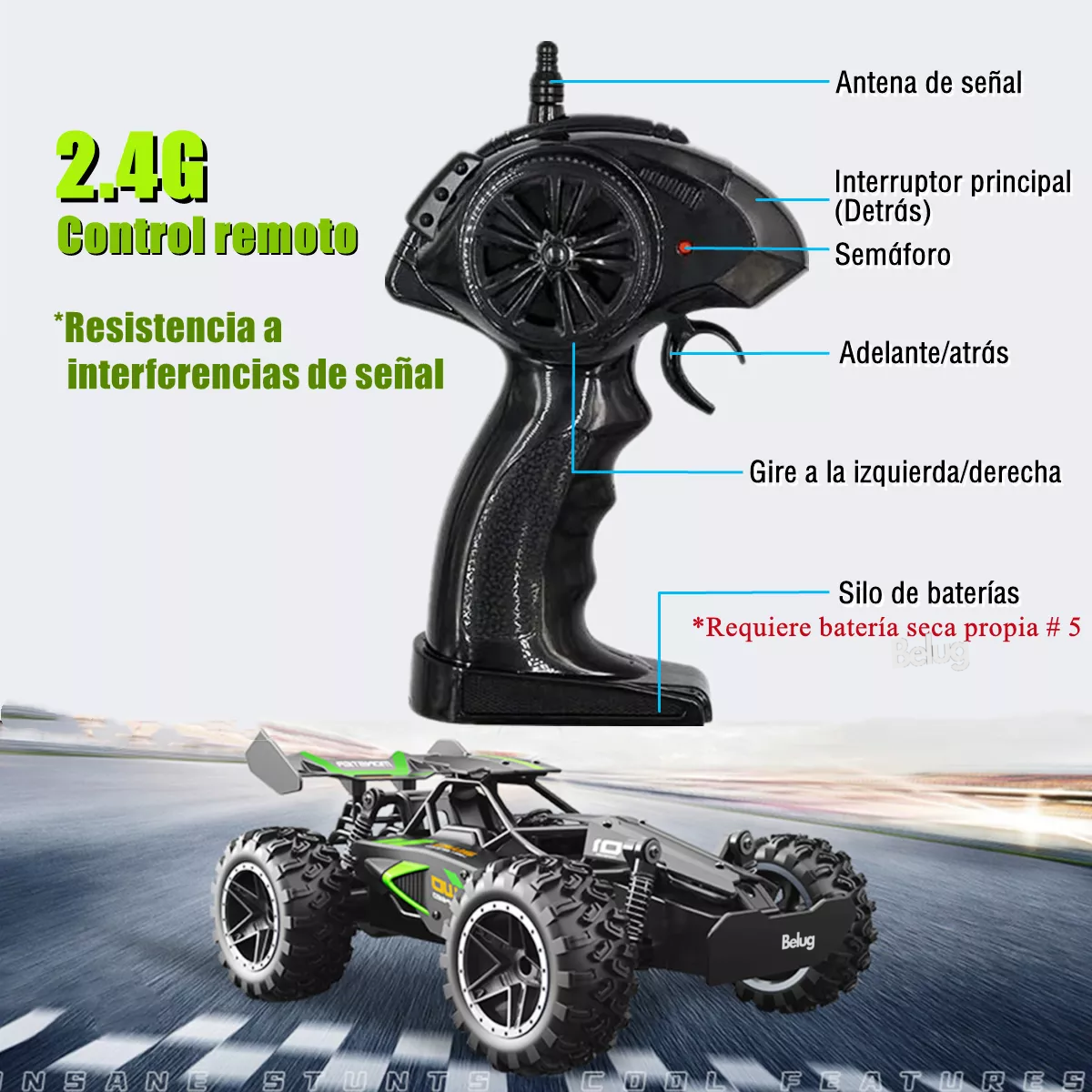 Foto 5 pulgar | Carro De Control Remoto De Alta Velocidad Impermeable 1/18, Belug  Negro/verde