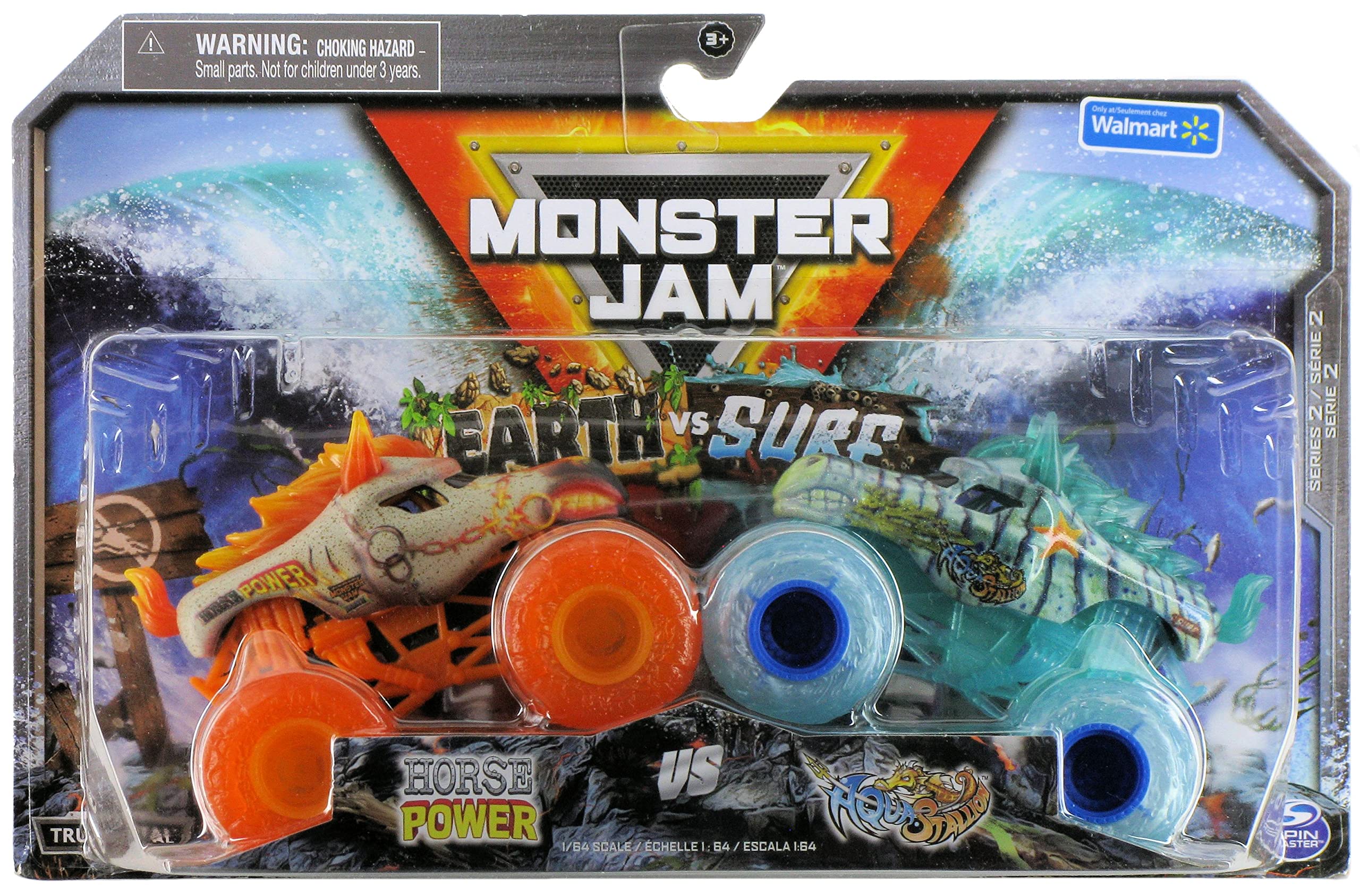 Paquete Doble De Toy Truck Monster Jam Earth Vs Surf A Escala 1:64 - Venta Internacional.