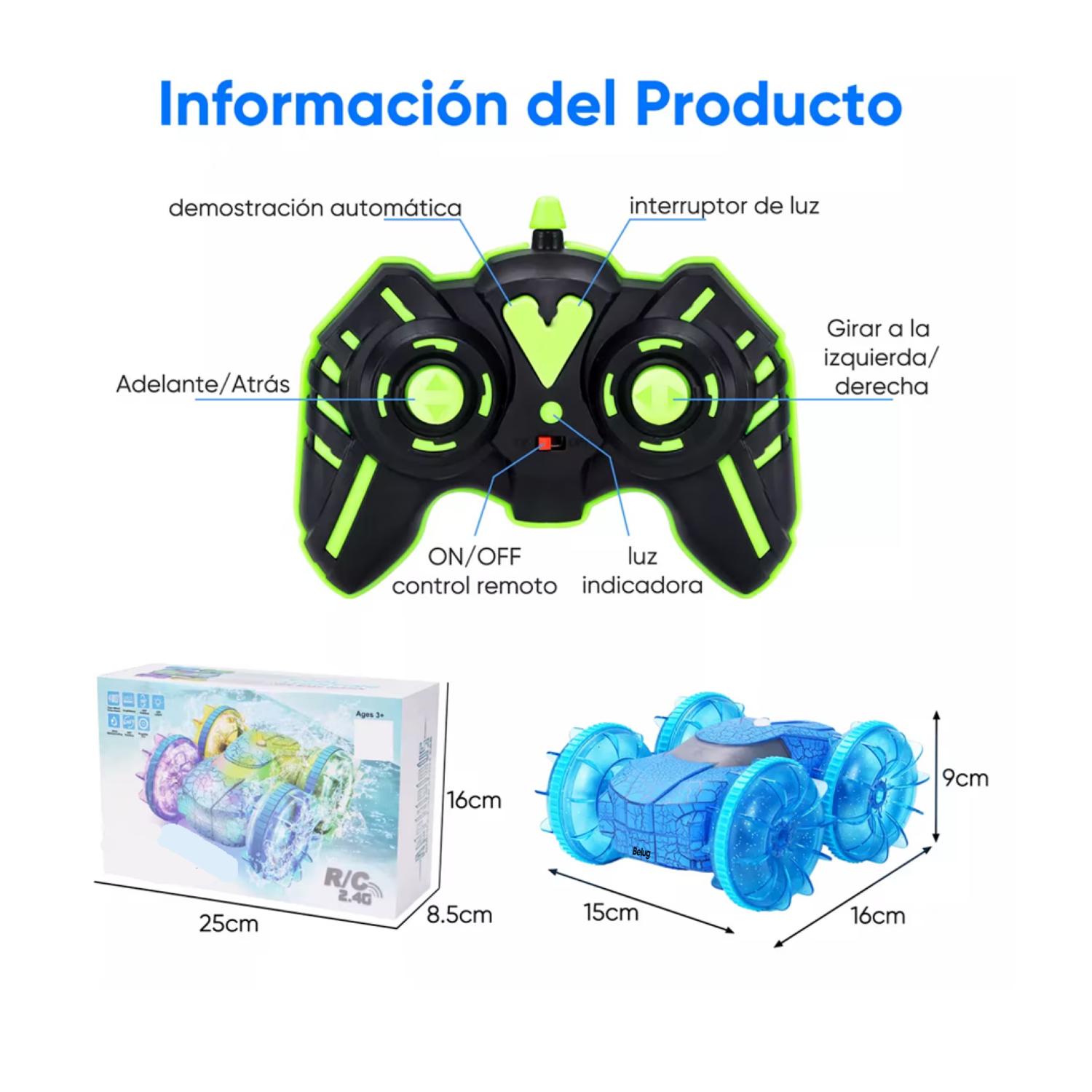 Foto 4 pulgar | Carros Anfibio De Control Remoto Belug  Double Side Flip Con Luz Azul