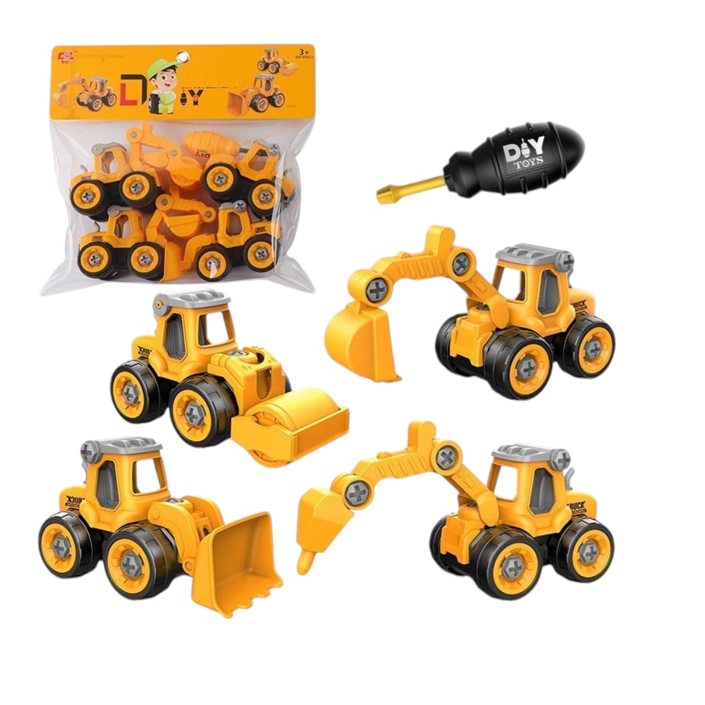 Set De 4 Camiones Truck Armables En Plástico Para Niños - Juguete Educativo Y Creativo Con Accesorios Amarillo