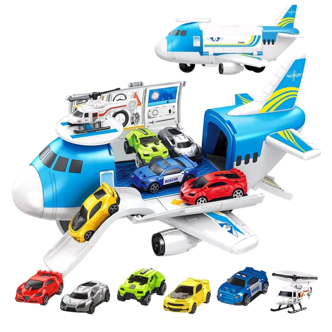 Foto 2 pulgar | Avión de Juguete con 8 Autos Deportivos y 1 Helicóptero Azul
