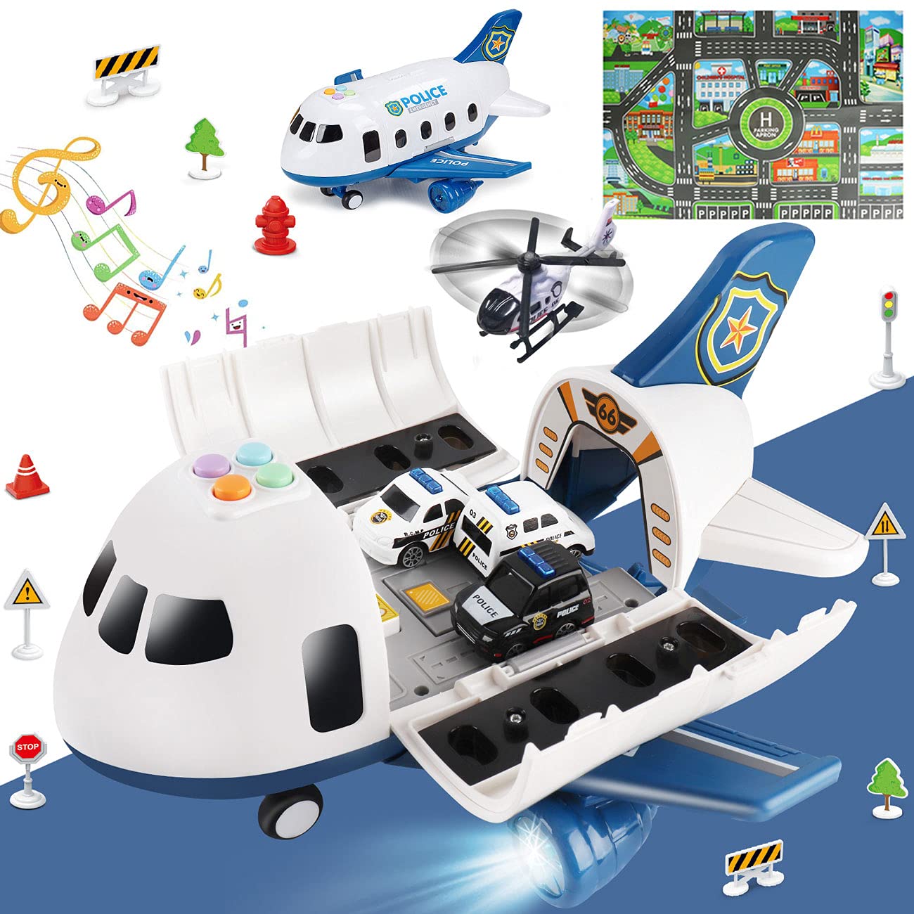 Foto 2 pulgar | Avión Toy Dwi Dowellin Con Luz Y Sonido Y Coche De Policía Con Alfombrilla - Venta Internacional.