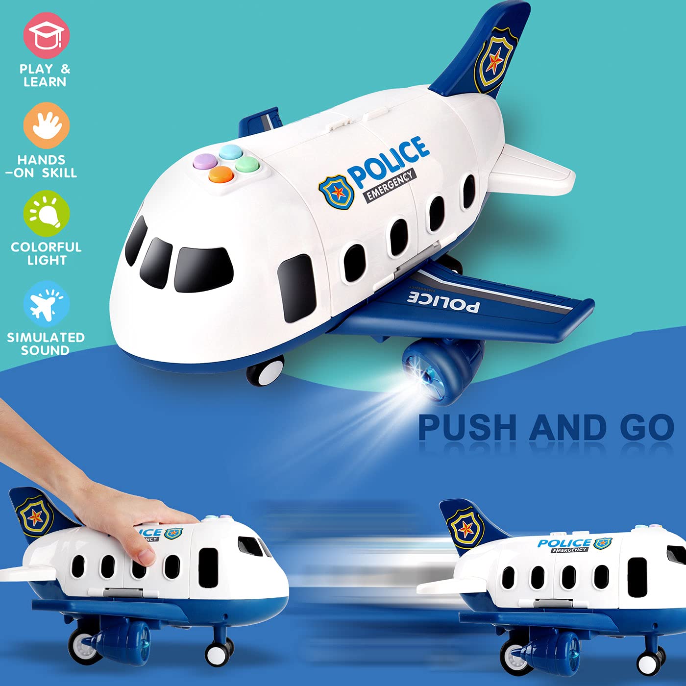 Foto 4 pulgar | Avión Toy Dwi Dowellin Con Luz Y Sonido Y Coche De Policía Con Alfombrilla - Venta Internacional.